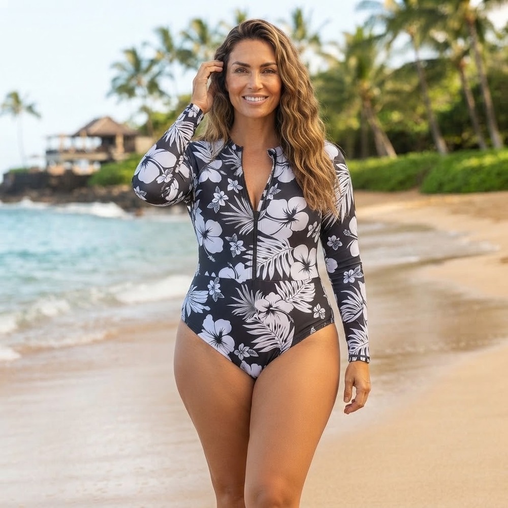 Favant Rash Guard Swimsuit Women XL Black White NWT Floral Long Sleeve Zip Front